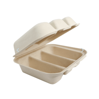 Container, Hinged, Taco, Fiber, 3-Comp, Compostable, 8 x 7 x 3"